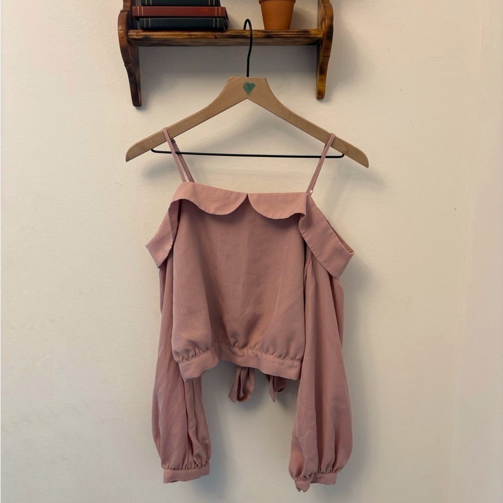 J.O.A. Blush Pink Cold Shoulder Crop Top Tie Back Balloon Sleeves Size M